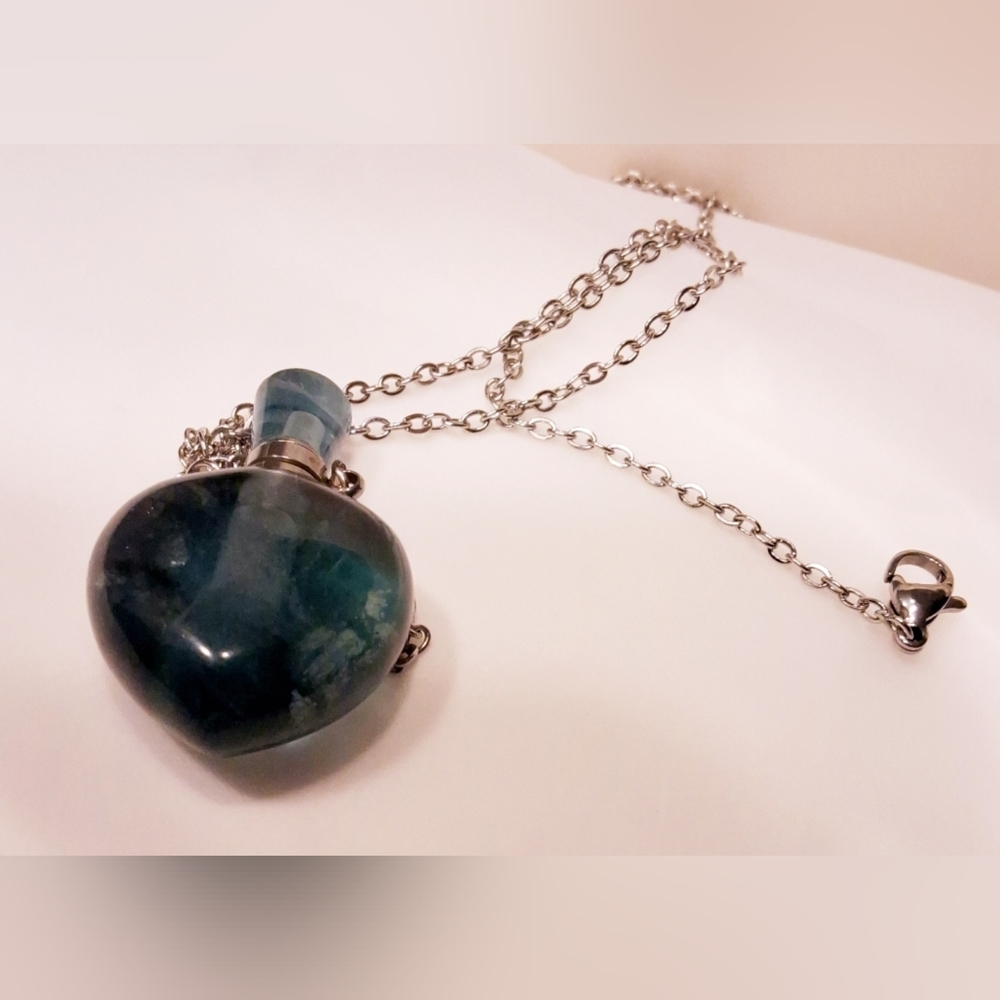 Natural Teal Blue Translucent Stone Heart Perfume Pendant W/Silver Chain